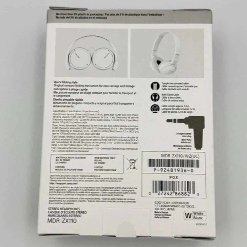 Sony Headphones  Wired On-Ear zX Series   White MDR-ZX110 NEW in BOX